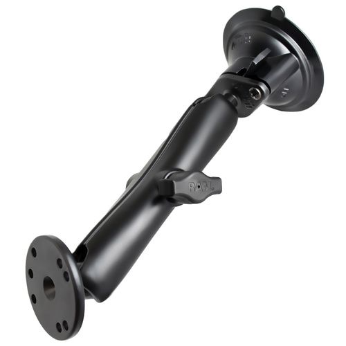 RAM-B-166-C-202U - RAM Twist Lock Suction Cup Mount with Long Double Socket Arm and 2.5" Round Base that contain the AMPs hole pattern
